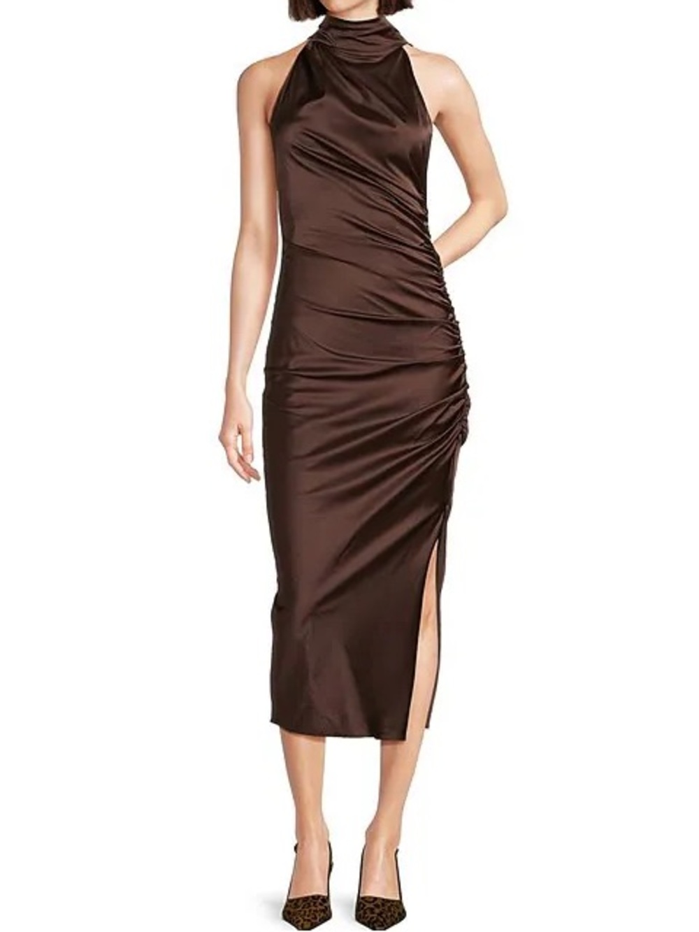 NWT Belle by Badgley Mischka Brown Satin Mock Neck Sleeveless Sheath Dress